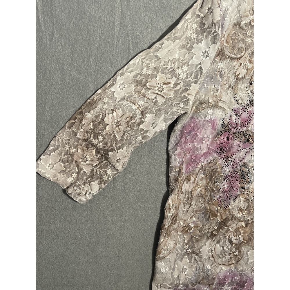 CJ Banks Women's XL Lace Overlay Floral Rhinestone 3/4 Sleeve Top Blouse Grey - Picture 2 of 6